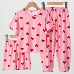 Girls Valentines 3-Piece Pajama Set - Pants Shorts Top - Sz 3/4 Yrs